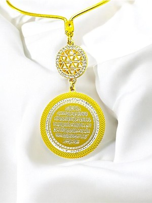 Biuti Gold Parlak Taş Çerçeveli Çelik Çift Taraflı Ayetel Kürsi/felak Nas Araba Dikiz Ayna Süsü