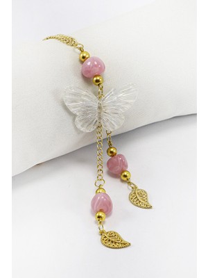 Biuti Pembe Boncuklu Salkım Yapraklı Şeffaf Kelebekli Araç Dikiz Ayna Süsü, Hediyelik Araba Hediyesi