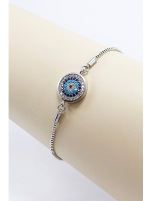 Biuti Gümüş Renkli Ayarlanabilir Parlak Zirkon Taşlı Nazar Gözlü Bileklik, Hediyelik Nazarlı Bileklik