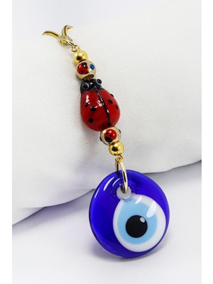 Biuti El Yapımı Cam Uğur Böcekli Lacivert Nazar Boncuklu Araba Dikiz Ayna Süsü, Yeni Araba Hediyesi