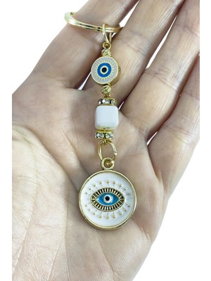 Biuti Beyaz Parlak Taşlı Küp Boncuk Detaylı Göz Figürlü Anahtarlık / Hediyelik Anahtarlık