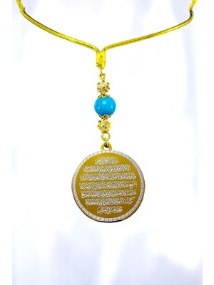 Biuti Çiçek Turkuaz Doğal Taşlı Gold Çelik Çift Taraflı Ayetel Kürsi/ Nazar Ayeti Araba Dikiz Ayna Süsü