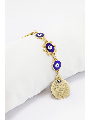 Biuti Lacivert Boncuklu Güneş Figürlü Küçük Metal Ayetel Kürsi Araba Dikiz Ayna Süsü Gold Renkli