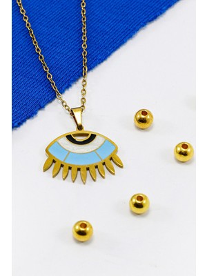 Biuti Paslanmaz Çelik Gold Renkli Nazarlı Göz Figürlü Çelik Kolye , Hediyelik Kolye (60 Cm)