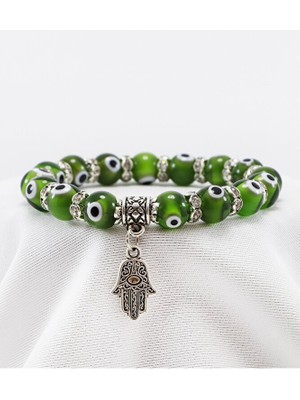 Biuti Yeşil Renkli El Yapımı Cam Nazar Boncuklu Hamse Eli Bileklik, Hediyelik Nazar Boncuklu Bileklik