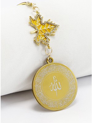 Biuti Parlak Taşlı Yapraklı Gold Çelik Allah Lafzı Ayetel Kürsi Felak Nas Ihlas Dikiz Ayna Süsü (3,5)