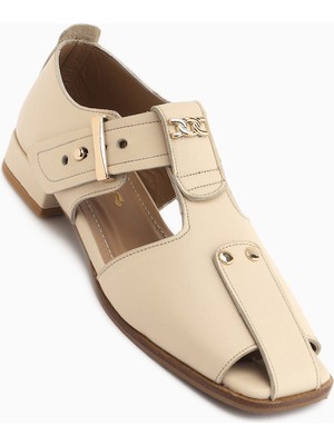 Limoya Veronica Hakiki Deri Bej Kemerli Kadın Sandalet