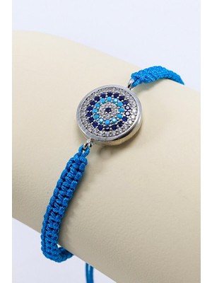 Biuti Koyu Turkuaz Asansörlü Gümüş Renk Zirkon Taşlı Nazar Bileklik, Hediyelik Bileklik