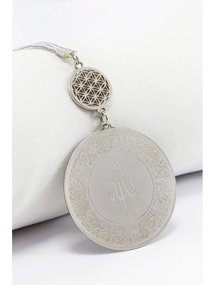 Biuti Gümüş Renkli Ayetel Kürsi Allah Lafzı Felak Nas Ihlas Paslanmaz Çelik Araba Ayna Süsü(Plaka 4,5cm)