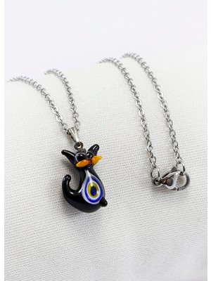 Biuti Paslanmaz Çelik Zincirli Nazarlı Cam Minik Sevimli Siyah Kedicik Bijuteri Kolye, Hediyelik Kolye