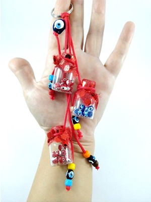 Ennea Art Cam Şişe Nazar Boncuğu Anahtarlık/araba Dikiz Ayna Süsü Kırmızı El Yapımı Hediyelik Eşya