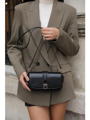 Clodi Kadın Siyah Gold Toka Detaylı Baget Omuz Çantası - Şık El ve Çapraz Askılı Baguette Çanta