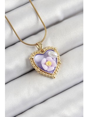 Prativas 316L Çelik Zincir Mor Sanatsal Portre Inci Detaylı Papatya Figürlü Kalp Model Gold Renk Kadın Kolye – PRT3500EB06427