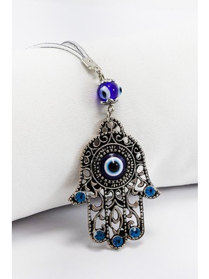 Biuti El Yapımı Cam Nazar Boncuklu Lacivert Parlak Taşlı Hamse Eli Araç Dikiz Ayna Süsü