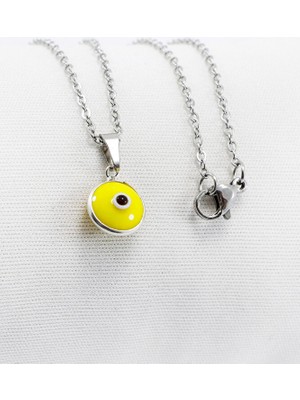 Biuti Çerçeveli Sarı Nazar Boncuklu Bijuteri Kolye (Çelik Zincir 60 Cm), Gümüş Renkli