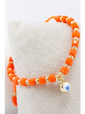 Biuti Turuncu Renkli Kare Boncuklu Asansörlü Nazar Boncuklu Bileklik, Hediyelik Bileklik