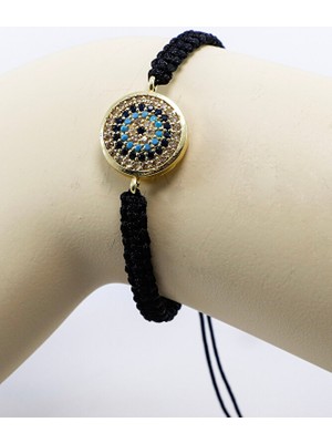 Biuti Siyah Renkli Asansörlü Gold Zirkon Taşlı Nazar Bileklik, Hediyelik Bileklik