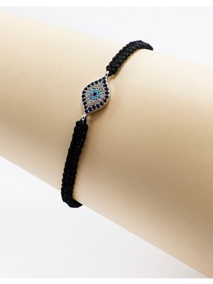 Biuti Siyah Renkli Asansörlü Gümüş Elips Zirkon Taşlı Nazar Bileklik, Hediyelik Bileklik