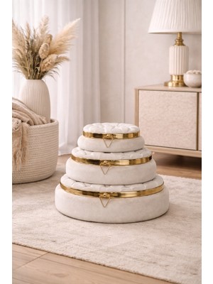 3’lü Kadife Kaplı Takı & Makyaj Saklama Sandığı Seti (Krem & Altın Detaylı)