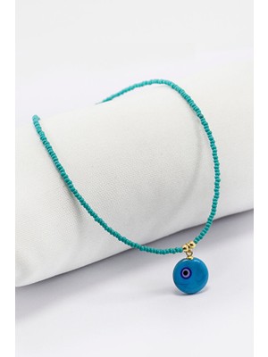 Biuti El Yapımı Cam Turkuaz Asimetrik Nazar Boncuğu Turkuaz Kum Boncuk Bijuteri Kolye