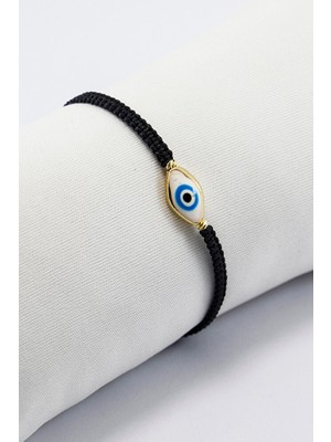 Biuti Mineli Metal Beyaz Fasulye Nazar Boncuğu Siyah Ayarlanabilir Asansörlü Bileklik, Hediyelik Bileklik