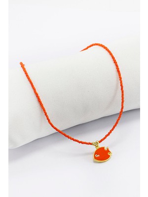 Biuti Turuncu Mineli Metal Balıklı Bijuteri Kolye, Turuncu Aksesuar