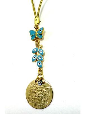 Biuti Mavi Kelebek ve Salkım Nazar Detaylı Metal Ayetel Kürsi Araba Dikiz Ayna Süsü, Altın Renkli