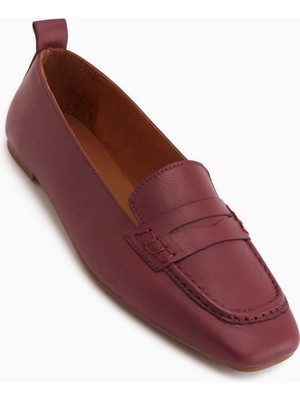 Limoya Novin Hakiki Deri Bordo Küt Burunlu Kadın Babet