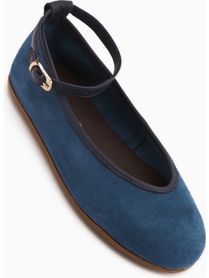 Limoya Jenin Hakiki Deri Lacivert Süet Kemerli Kadın Babet