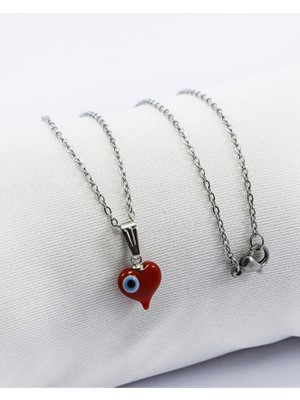 Biuti El Yapımı Kırmızı Murano Kalp Nazar Boncuklu 316L Paslanmaz Çelik Kolye, Zincir 60 Cm, Gümüş Renkli