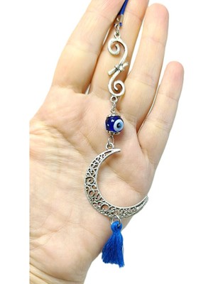 Biuti Dikiz Ayna Süsü, Metal Hilal Lacivert Cam Nazar Boncuğu Püsküllü El Yapımı Yeni Araba Hediyesi