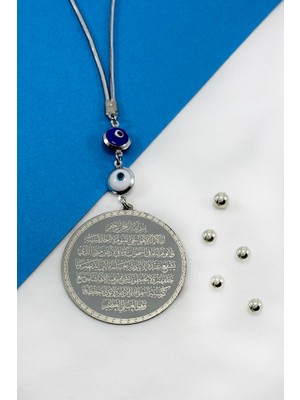 Biuti Çerçeveli Nazar Boncuklu Paslanmaz Çelik Ayetel Kürsi Nazar Ayeti Oto Ayna Süsü (4,5cm Plaka)