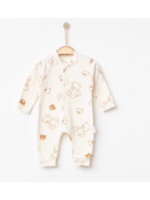 Nayinom Erkek Bebek Ayıcık Temalı %100 Pamuklu Manşetli Çıtçıtlı Tulum 0-3-6 Ay
