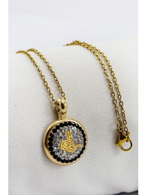 Biuti Parlak Taşlı Osmanlı Tuğrası Igürlü Paslanmaz Çelik Kolye (60 Cm)