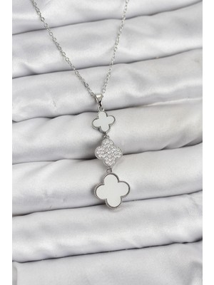 Prativas 316L Çelik Zincir Gümüş Renk Yonca Detaylı Zirkon Taşlı Kadın Kolye - PRT3500EB10138