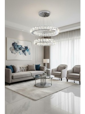 Elizim Home Lighting Kristal 2 Katlı Uzaktan Kumandalı Krom Avize