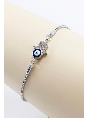Biuti Gümüş Renk Ayarlanabilir Nazarlı Parlak Taşlı Hamse Eli Bileklik, Hediyelik Fatıma Ana Bileklik