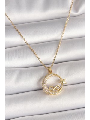 Prativas 316L Çelik Gold Renk Zincir Zirkon Taşlı Ay Yıldız Model Sonsuzluk Detay Kadın Kolye – PRT3500EB04556