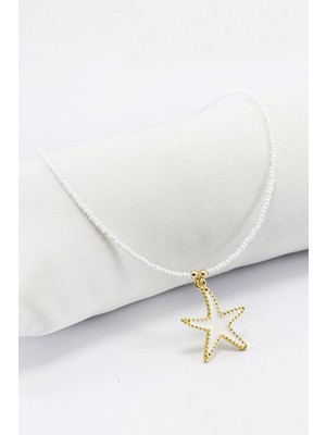 Biuti Beyaz Mineli Metal Yıldız Bijuteri Kolye, Beyaz Kum Boncuklu Aksesuar