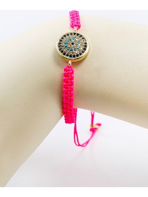 Biuti Pembe Renkli Asansörlü Gold Zirkon Taşlı Nazar Bileklik, Hediyelik Bileklik