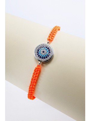 Biuti Turuncu Renkli Asansörlü Gümüş Zirkon Taşlı Nazar Bileklik, Hediyelik Bileklik