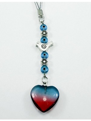 Biuti Kırmızı Turkuaz Cam Nazar Boncuğu Metal Kuş Araba Dikiz Ayna Süsü, Kalpli Yeni Araba Hediyesi