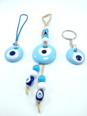 Ennea Art Mavi Nazar Boncuğu Duvar Dekoru + Anahtarlık + Araba Dikiz Ayna Süsü Üçlü Hediye Seti
