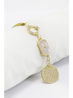 Biuti Parlak Taşlı Ay Yıldızlı Sedefli Metal Ayetel Kürsi Araba Dikiz Ayna Süsü, Yeni Araba Hediyesi