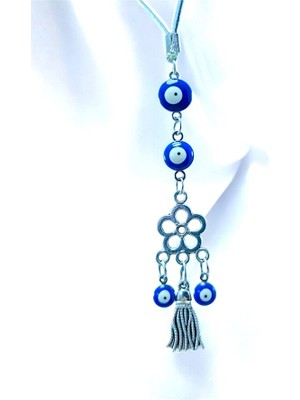 Biuti Nazar Boncuğu Detaylı Metal Çiçek Yeni Araba Dikiz Ayna Süsü / Gümüş Renk Yeni Araba Hediyesi