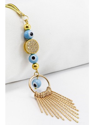 Biuti Gold Renkl Cam Nazar Boncuklu Parlak Taşlı Metal Püsküllü Araba Dikiz Ayna Süsü