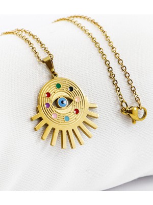 Biuti Paslanmaz Çelik Gold Renkli Renkli Göz Figürlü Çelik Kolye , Hediyelik Kolye (60 Cm)