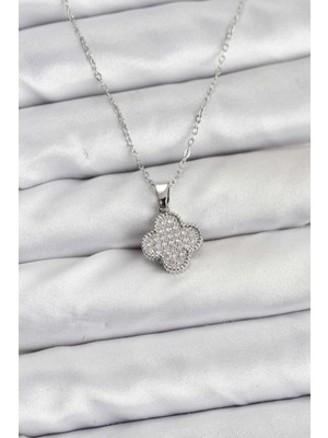 Prativas 316L Çelik Zincir Gümüş Renk Zirkon Taşlı Yonca Model Kadın Kolye – PRT3500EB09762