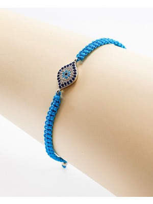 Biuti Koyu Turkuaz Renkli Asansörlü Gümüş Elips Zirkon Taşlı Nazar Bileklik, Hediyelik Bileklik