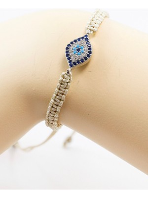 Biuti Bej Renkli Asansörlü Gümüş Elips Zirkon Taşlı Nazar Bileklik, Hediyelik Bileklik